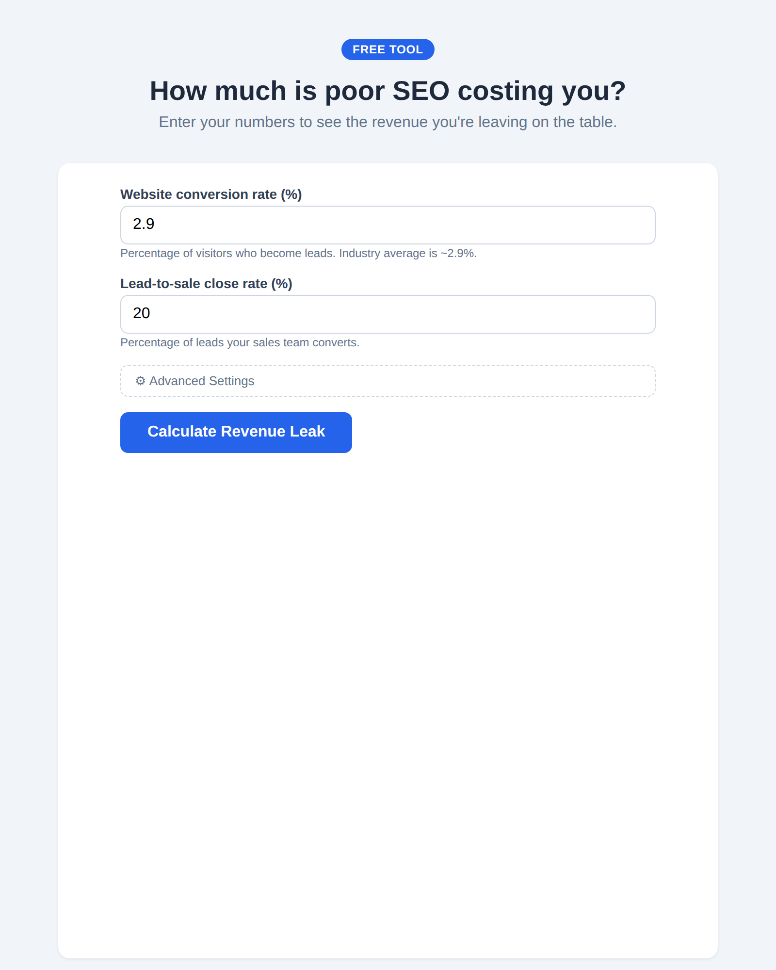 Revenue leak headline with email gate — dramatic dollar amount revealed to prospect